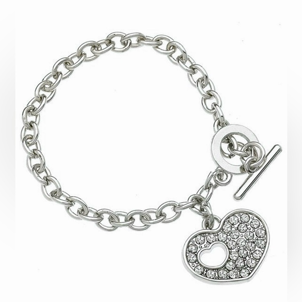 Crystal Heart Charm Toggle Bracelet with Swarovski Crystal Silver Charm Bracelet